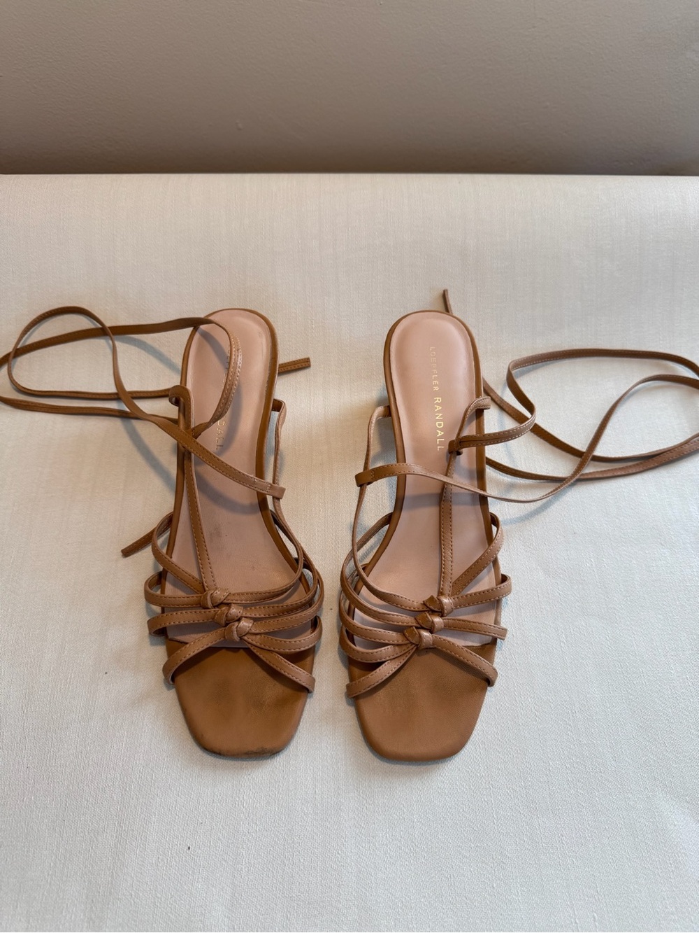 Loeffler Randall Tan Leather Strappy Lace-Up Sandals with Block Kitten Heel